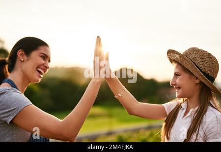 Gut gemacht. Eine attraktive junge Frau, die High Five bei der Arbeit auf ihrem Familienbetrieb macht. Stockfoto