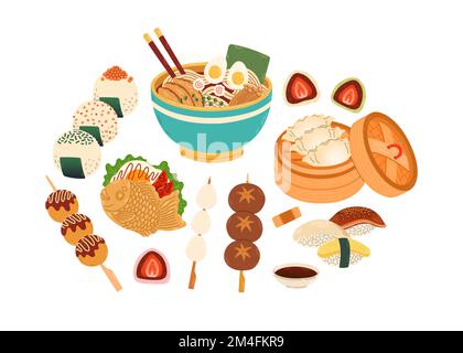 Japanisches Essen. Vektor für Aufkleber, Postkarten, Notizbuch. japanisches Café, Bar, Restaurant Stock Vektor