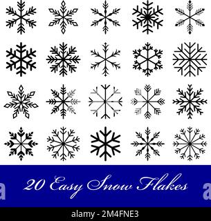 Snowflake Kollektion. Easy Black Frosty abstrakte Flocken. Weißer Hintergrund. 20 fein gestaltetes Schneeflockenmuster als Vektor. Stock Vektor