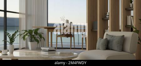 Luxuriöses und gemütliches Wohnzimmer mit Balkon-Innendesign mit Couch, Couchtisch, Zimmerpflanzen, Esstisch, Trennwand aus Holz und Wohndekor. 3D r Stockfoto