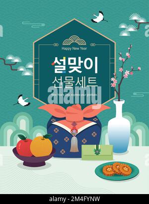 Koreanisches Neujahr. Traditionelles Geschenk, Event-Design. Mondneujahr, Geschenkset, koreanische Übersetzung. Stock Vektor