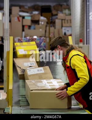 21. Dezember 2022, Mecklenburg-Vorpommern, Groß-Schwaß: An der DHL-Lieferbasis werden die gelieferten Pakete über ein Förderband an die Lieferfahrzeuge weitergeleitet. An normalen Tagen werden bis zu 6.000 Pakete pro Tag abgewickelt; vor Weihnachten werden bis zu 9.000 Pakete abgewickelt. Foto: Bernd Wüstneck/dpa Stockfoto