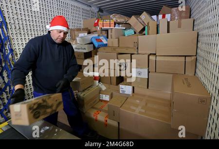 21. Dezember 2022, Mecklenburg-Vorpommern, Groß Schwaß: An der DHL-Lieferstelle wird ein Lkw mit Paketen entladen, die an die Lieferfahrzeuge verteilt werden. An normalen Tagen werden bis zu 6.000 Pakete pro Tag abgewickelt; vor Weihnachten werden bis zu 9.000 Pakete abgewickelt. Foto: Bernd Wüstneck/dpa Stockfoto