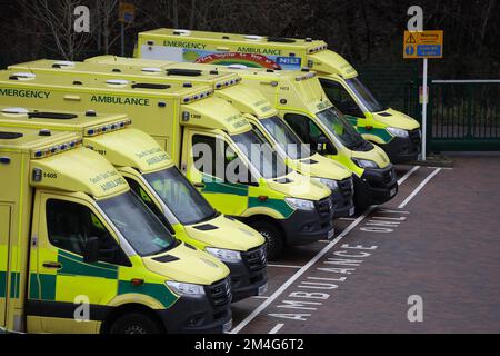 Brighton, Großbritannien. 21.. Dezember 2022. Eine Reihe stationärer Ambulanzen im Chamberlain House Ambulance Centre in Brighton während der Industriellen Aktion des Ambulanzpersonals heute. Kredit: James Boardman/Alamy Live News Stockfoto