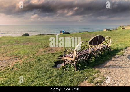 Die Gedenkbank wurde zum Gedenken an Randall Hayes Davies, British Surfing Champion auf dem Headland in Newquay in Cornwall, England, Großbritannien, errichtet. Stockfoto