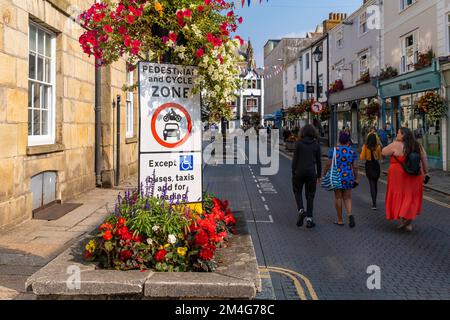 Farbenfrohe Blumenausstellungen in der Lemon Street im Stadtzentrum von Truro in Cornwall im Vereinigten Königreich in Europa. Stockfoto