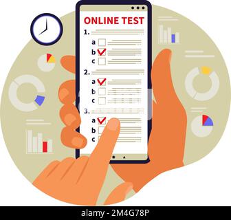 Online-Konzeptprüfung, E-Learning, Prüfung am Telefon. Vektordarstellung. Flach Stock Vektor