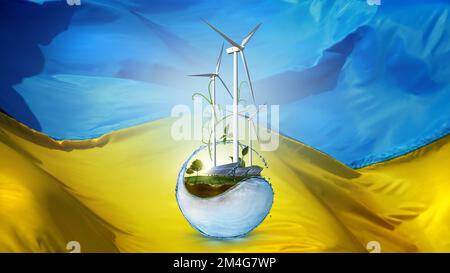 Windturbinen und Solarpaneele auf dem Hintergrund der ukrainischen Flagge. Stockfoto