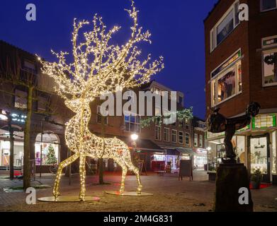 OLDENZAAL, NIEDERLANDE - 10. DEZEMBER 2022: Wunderschönes beleuchtetes weihnachtshirsch im Einkaufszentrum einer niederländischen Stadt Stockfoto