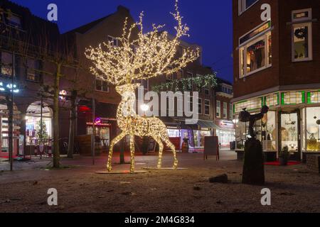 OLDENZAAL, NIEDERLANDE - 10. DEZEMBER 2022: Wunderschönes beleuchtetes weihnachtshirsch im Einkaufszentrum einer niederländischen Stadt Stockfoto