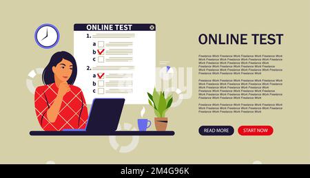 Konzeptprüfung online, E-Learning, Computerprüfung. Landing-Page. Vektordarstellung. Flach Stock Vektor