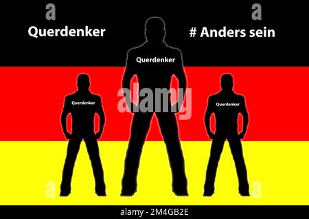 Männersilhouetten vor der deutschen Flagge, Schriftzug Querdenker, Maverick, Deutschland Stockfoto