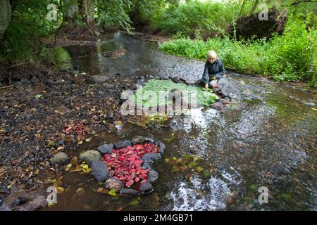 Kind ein Herz mit Steinen in einem Bach gebildet und füllte es mit roten und grünen Blätter, Deutschland Stockfoto