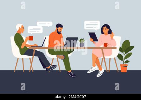 Geschäftsleute arbeiten zusammen. Gemeinschaftsraum mit kreativen oder Geschäftsleuten, die am Tisch sitzen. Flache, moderne Vektordarstellung. Stock Vektor