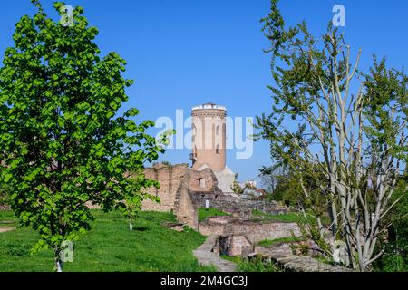 Der Chindia Tower oder Turnul Chindiei, alte Gebäude und Ruinen am Königshof Targoviste (Curtea Domneasca) im Chindia Park (Parcul Chindia) im KIS Stockfoto