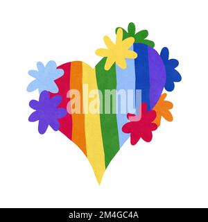 Handgezeichnete Darstellung der herzförmigen LGBTQ-Fahnenflagge mit Regenbogenstreifen und Blumen. Dekoratives Diversity-Symbol-Poster, transgender bisexuelle Homosexuelle-Toleranz-Festivalfeier, romantisches Liebesdesign Stockfoto