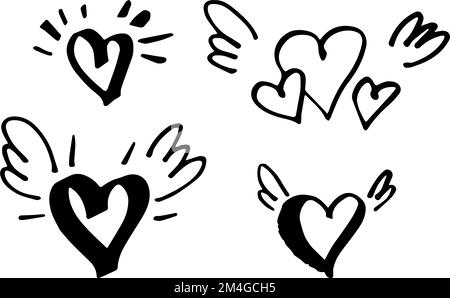 Handgezeichnete Herzen mit kleinen Flügeln. Symbol der Liebe. Doodle-Style Valentinstag-Illustration. Vektor. Stock Vektor