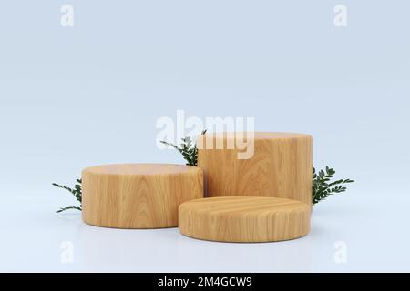 Abstrakte Minimalszene mit geometrischen Formen. Holzpodium mit blauem Hintergrund und Blättern. Produktpräsentation, Modell, Präsentation kosmetischer Produkte, Stockfoto