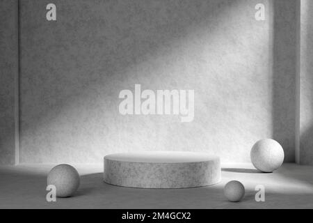 Produktpositionierung Schwarz-Weiß abstrakte minimalistische Geometrie, minimale geometrische Formen im Inneren, Objektplatzierung, Fensterschatten im Hintergrund wa Stockfoto