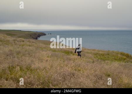 Ein Mann, der an einer hügeligen Küstenlandschaft entlang läuft Stockfoto