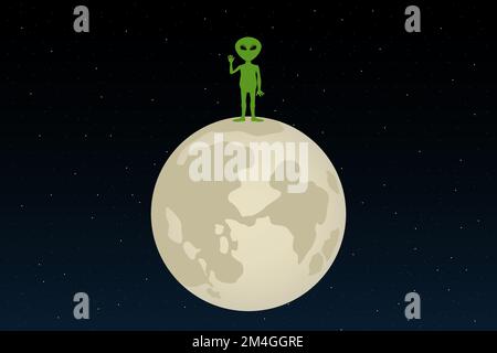 Grüner Alien steht auf dem Mond mit erhobener Hand. Cartoon-Style. Vektordarstellung. Stock Vektor