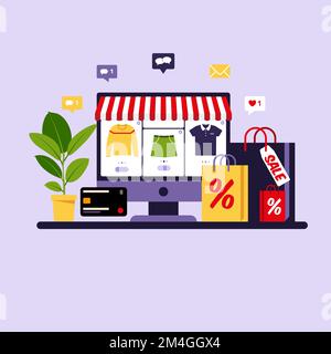 Online-Shopping. Black friday. Zahlen Sie mit Kreditkarte. Modernes flaches Konzept für Webdesign. Verkauf. Vektordarstellung. Flacher Stil. Stock Vektor