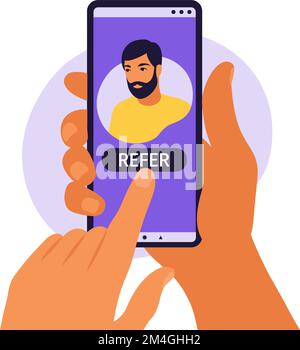 Hände, die ein Smartphone mit einem Mann-Profil in sozialen Medien oder einem Benutzerkonto halten. Empfehlen Sie einen Freund, und folgen Sie dem Konzept zum Hinzufügen. Vektordarstellung. Flach. Stock Vektor