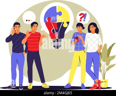 Menschen mit Glühbirnen-Puzzle, Geschäftskonzept. Mitarbeiter des Unternehmens teilen Gedanken und Ideen. Vektordarstellung. Flach. Stock Vektor