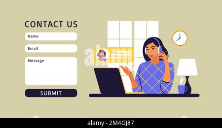 Vorlage für Kontaktformular. Weiblicher Kundendienstmitarbeiter mit Headset, der mit dem Kunden spricht. Online-Kundendienst . Vektordarstellung. Flach. Stock Vektor