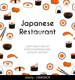 Japanisches Restaurant-Poster mit Sushi, Sojasoße, Ingwer und Essstäbchen im Doodle-Stil. Handgezeichnete Darstellung der traditionellen japanischen Küche, Website Stock Vektor