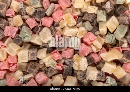 Hintergrundinformationen zu türkischen Delight Orientalen Süßigkeiten in Zuckerpulver aus nächster Nähe. Türkische Delight-Textur. Stockfoto