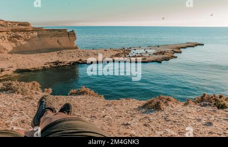 Der erste-Personen-Blick (POV) auf eine wunderschöne felsige Küstenlandschaft mit Seelöwen, die auf einer Klippe an der patagonischen Atlantikküste der Halbinsel Valdes ruhen, Stockfoto