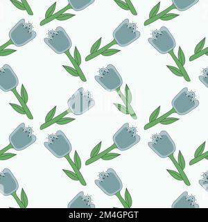 Süßes, nahtloses Blumenmuster mit blauer Tulpe im skandinavischen Stil. Zeitgenössische ästhetische Kunst für Textilien, Stoff, Geschenkpapier, Wandkunst, soziale Medien Stock Vektor