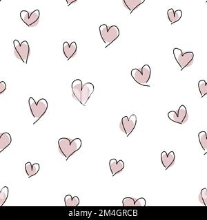 Süßes, handgezeichnetes, rosa Herz nahtloses Muster auf weißem Hintergrund. Romantische Kritzelkunst für Textilien, Stoff, Geschenkpapier, Wandkunst, Soziales Stock Vektor