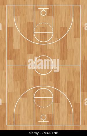Basketballfeld. Holzfußboden. Hintergrund mit Linie und Korb bemalt. Basketballfeld. Sportspiele. Draufsicht. Textur mit Holzmuster. Stock Vektor