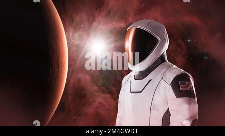 Raumfahrer mit Mars-Planet im Weltraum. Exploration-Thema. Elemente dieses Bildes, bereitgestellt von der NASA. Stockfoto
