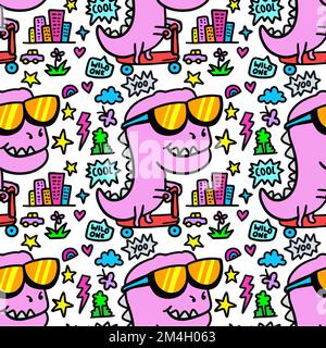 Handgezeichneter, lustiger Dinosaurier-Roller mit verschiedenen Gegenständen veranschaulicht ein nahtloses Muster. Kann für Kinderbekleidung, Stoff, Verpackung, Te verwendet werden Stock Vektor