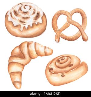 Aquarelle Bäckereiprodukte Illustrationen. Grafisches Croissant, Zimtbrötchen, Rosinenbrötchen, Gebäck. Stockfoto