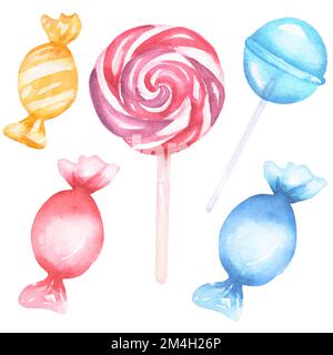 Aquarelle Süßigkeiten, Lollipops Dessert Set Illustration. Handbemalte Süßigkeiten in Rot, Blau und Gelb. Stockfoto