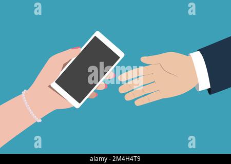 Frau übergibt Smartphone an Mann. Vektordarstellung. Stock Vektor