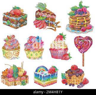 Set aus Vektor-Cupcakes und Pfannkuchen mit Schokolade und Himbeere mit abstrakten Ornamenten. Handgezeichnete Illustration für T-Shirt in zentangle, Doodle sty Stock Vektor