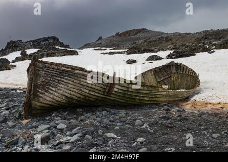 Überreste eines alten Bootes, am felsigen Ufer einer der antarktischen Inseln. Halbinsel. Schnee, felsige Hügel im Hintergrund. Vögel und bewölkter Himmel. Stockfoto