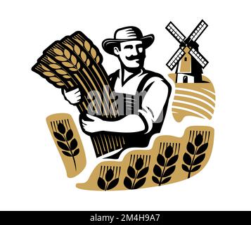 Bauer mit Weizen und landwirtschaftlichen Feldern, Windmühle. Biologisches Bauernfutter, Bäckereikonzept. Vektorbildungs-Emblem Stock Vektor
