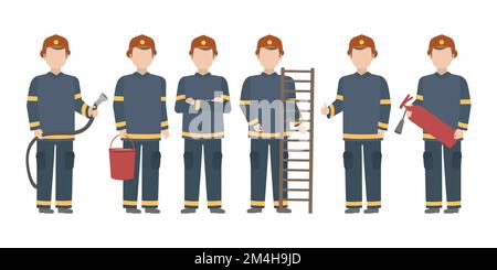 Der Feuerwehrmann steht in verschiedenen Positionen. Vektor. Stock Vektor