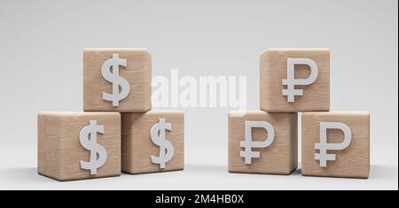 Wooden Cubes Dollar und Rubel, Cubes mit Symbol Dollar und Rubel. 3D Arbeit und 3D Bild Stockfoto