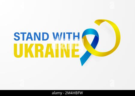 Stehe mit der Ukraine. Anti war Call mit dem Smbol des Friedens mit blauem und gelbem Seidenband. Farben Der Ukrainischen Flagge. Kampf, Protest, Unterstützung Der Ukraine Stock Vektor
