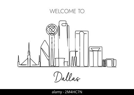 Skyline von Dallas durchgehende Linienzeichnung. Illustration für Tourismus- und Reiseziel-Design Stock Vektor