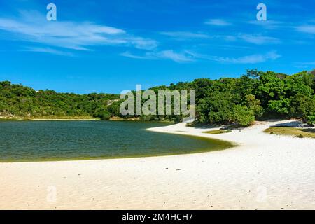 Abaete Lagune in Salvador, Bahia mit seinem dunklen Wasser und umgeben von weißen Sanddünen mit Vegetation Stockfoto