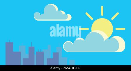 Tagsüber in der Stadt. Sonne und Wolken am blauen Himmel. Stadtlandschaft Stock Vektor