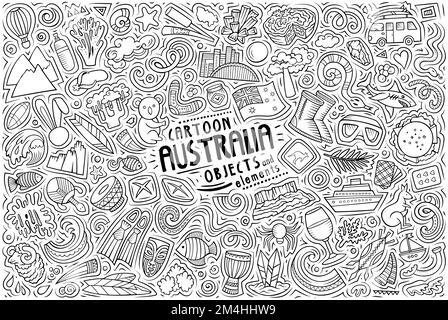 Cartoon-Vektor-Doodle-Set aus traditionellen australischen Symbolen, Gegenständen und Objekten Stock Vektor